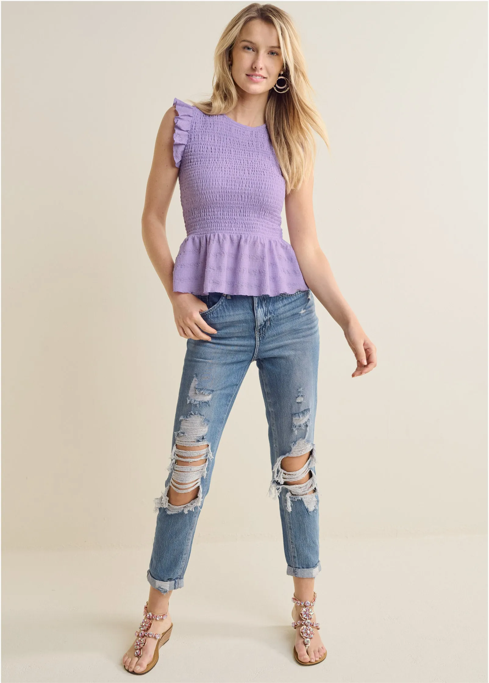 Smocked Peplum Top - Purple