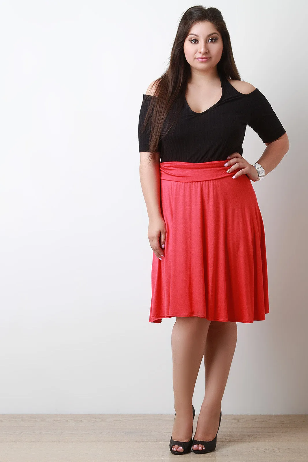 Solid Jersey Knit Flowy Midi Skirt