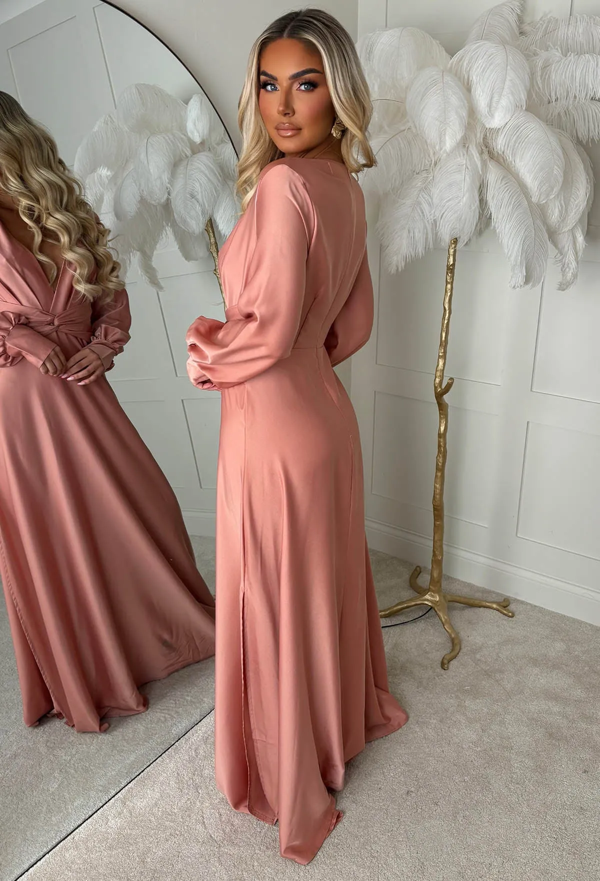 Sophisticated Illusion Pink Plunge Front Split Maxi Dress