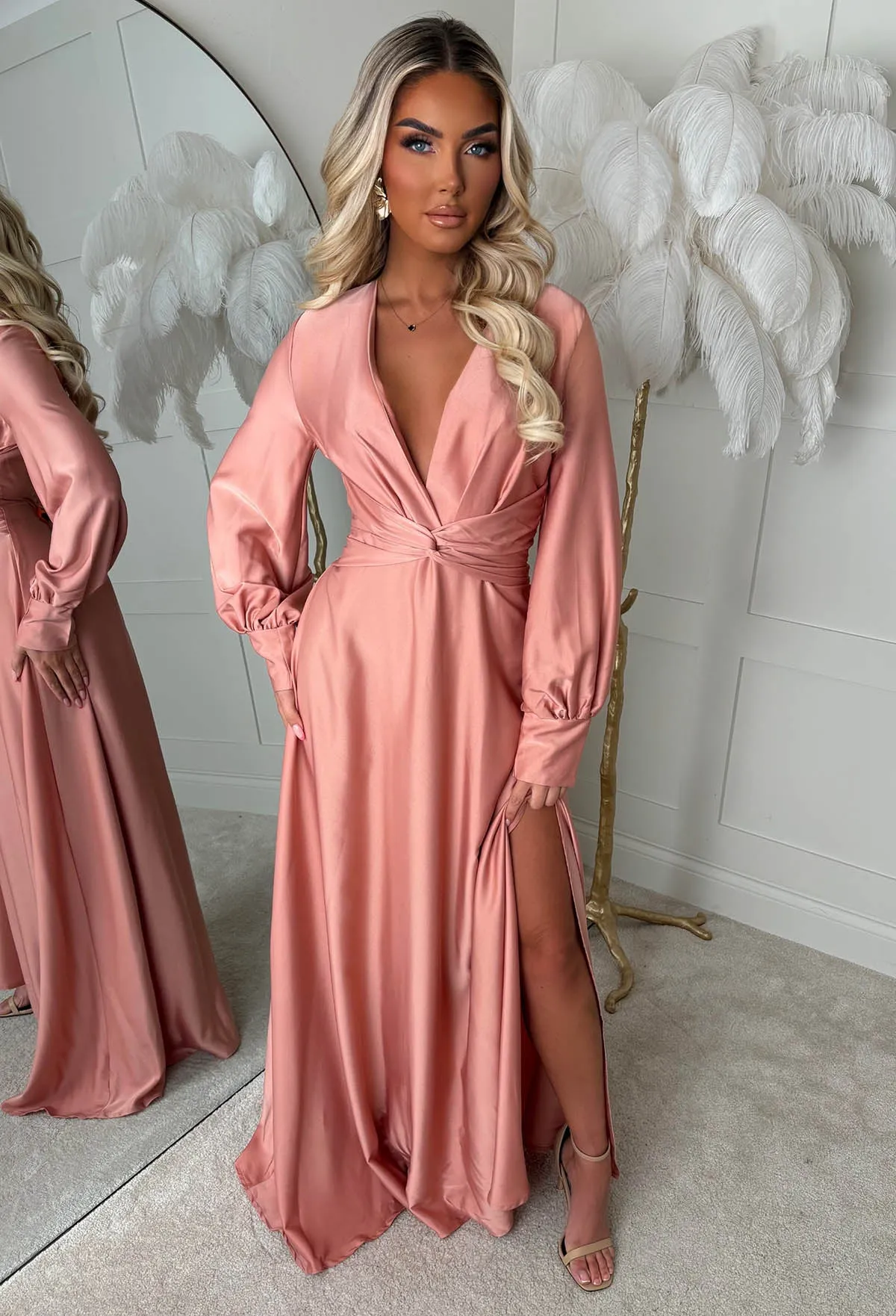 Sophisticated Illusion Pink Plunge Front Split Maxi Dress