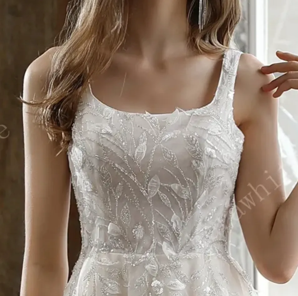 Square Neckline Wedding Dress with Delicate Leafy Lace