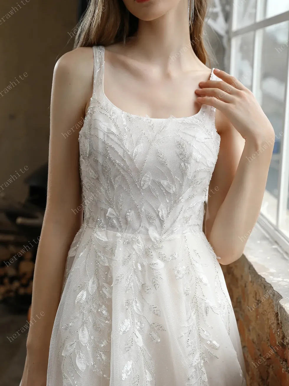 Square Neckline Wedding Dress with Delicate Leafy Lace