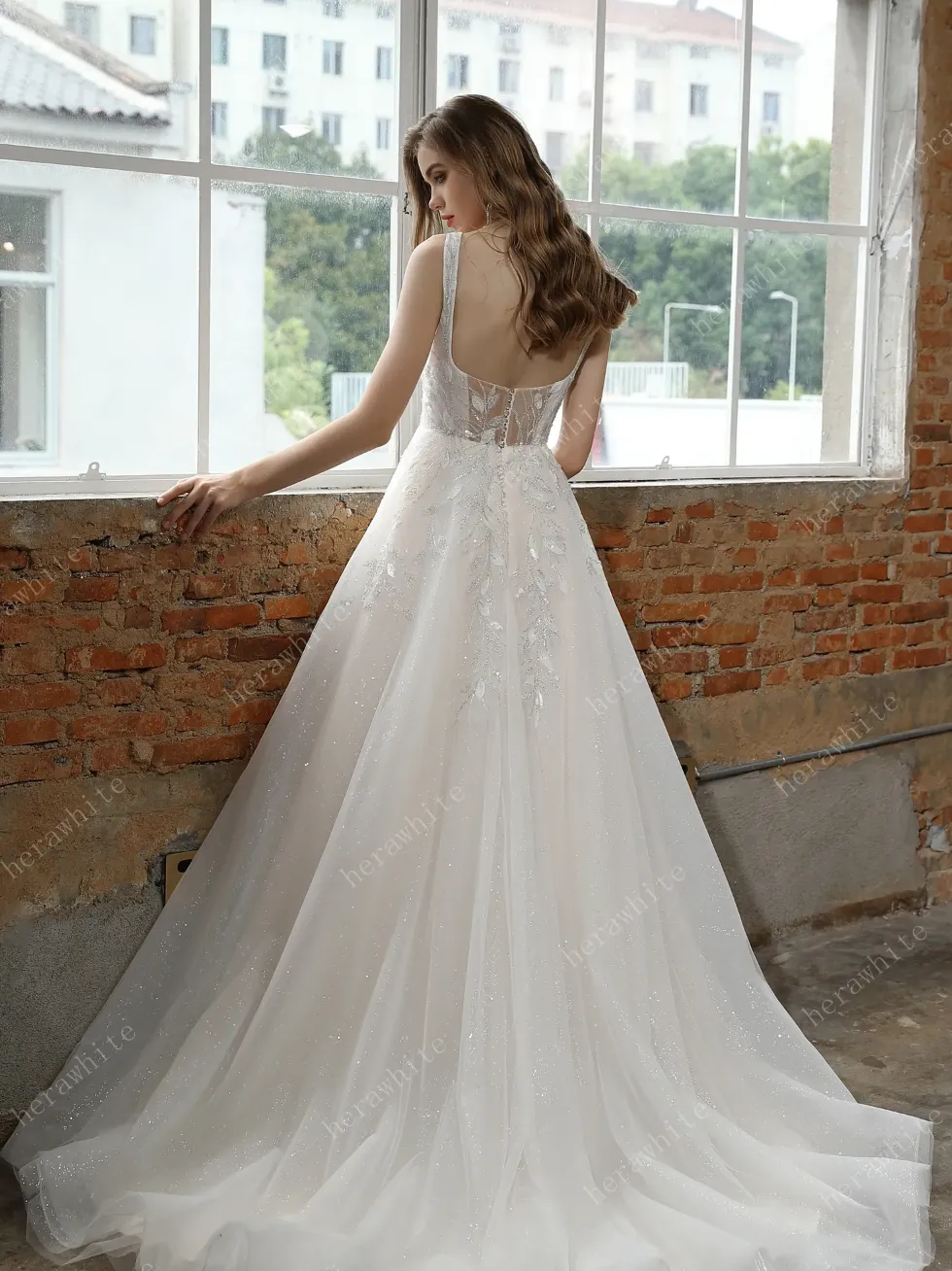 Square Neckline Wedding Dress with Delicate Leafy Lace