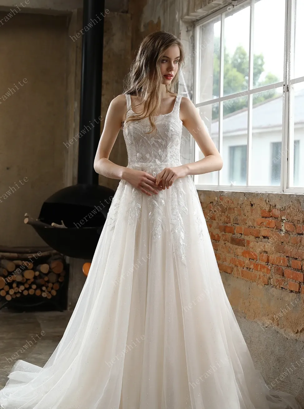 Square Neckline Wedding Dress with Delicate Leafy Lace