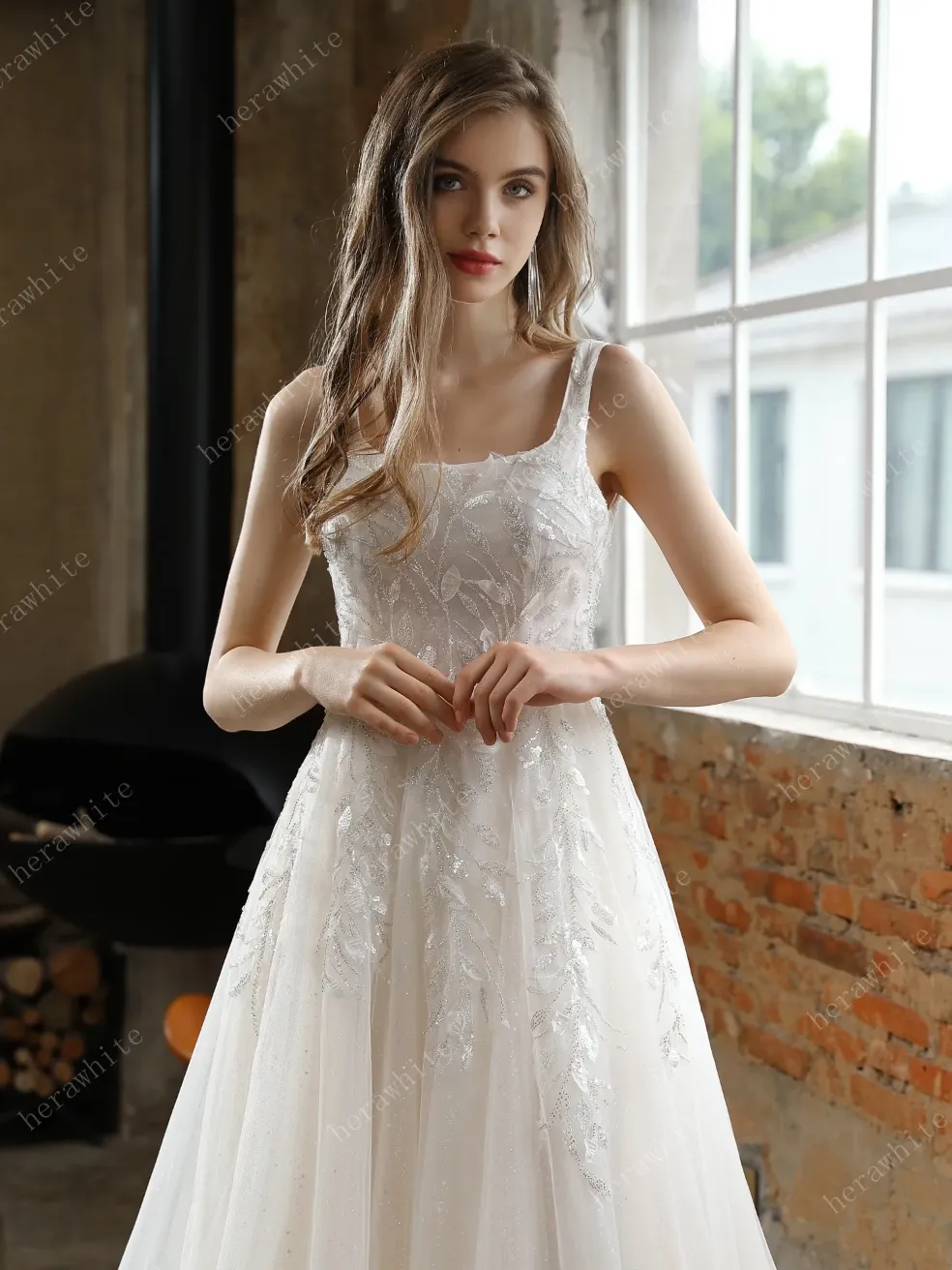 Square Neckline Wedding Dress with Delicate Leafy Lace