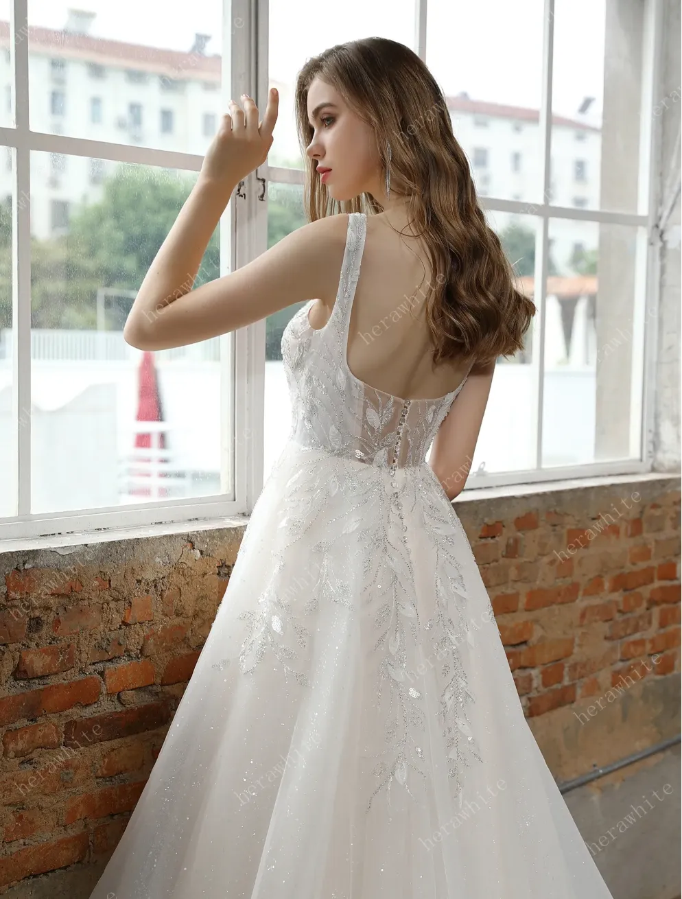 Square Neckline Wedding Dress with Delicate Leafy Lace