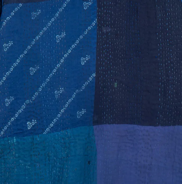 STRIPE AND CHECK COTTON SILK PATCH KANTHA A-LINE JACKET - ss4003-blu -