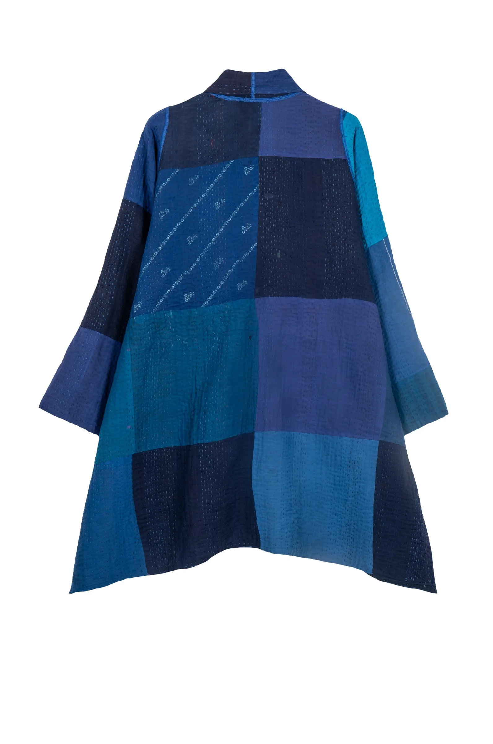 STRIPE AND CHECK COTTON SILK PATCH KANTHA A-LINE JACKET - ss4003-blu -