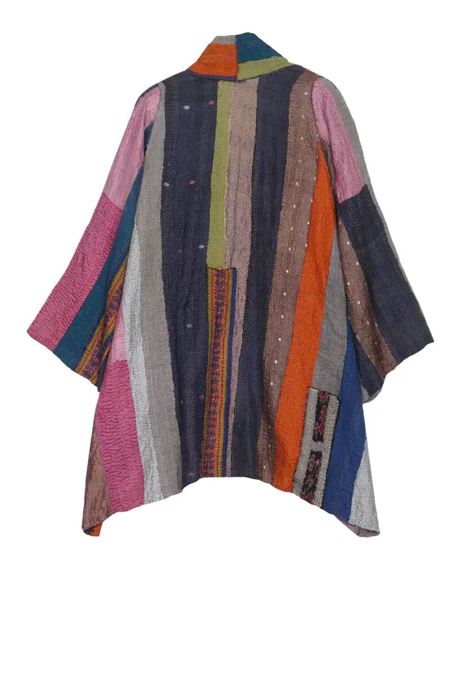 STRIPE FRAYED & HANDWOVEN KANTHA A-LINE JKT - ft2003-ntl -