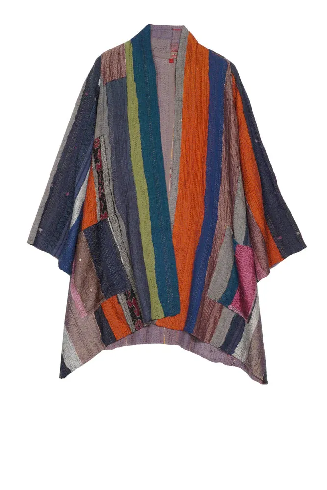 STRIPE FRAYED & HANDWOVEN KANTHA A-LINE JKT - ft2003-ntl -