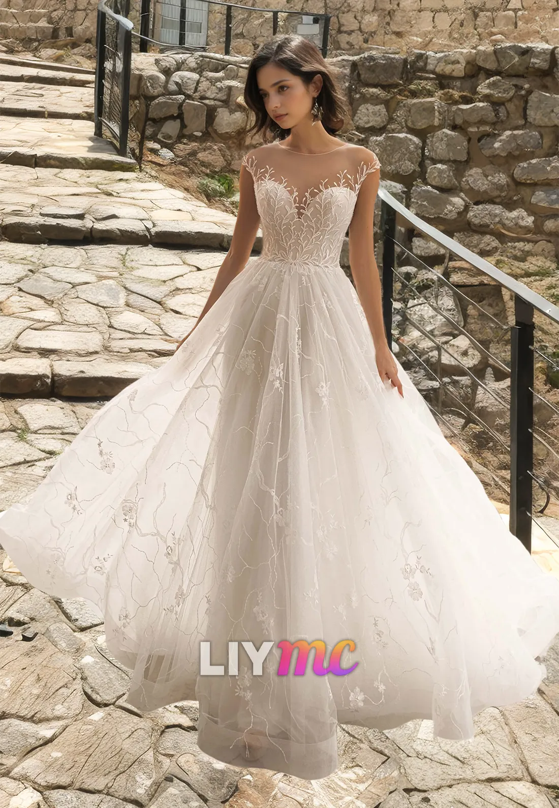 Sweetheart Sleeveless Lace Appliques Tulle A-Line Wedding Dress