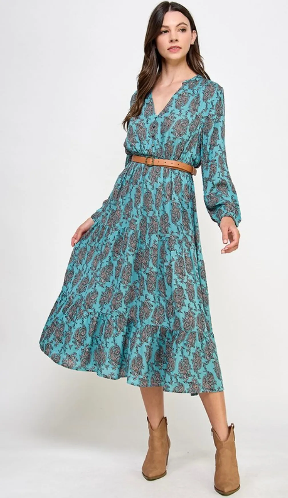 Teal Paisley Print Long Sleeve Tiered Midi Dress w/Brown Belt