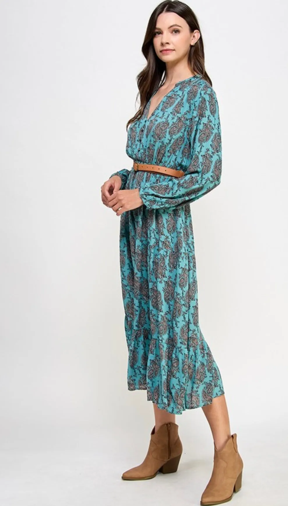 Teal Paisley Print Long Sleeve Tiered Midi Dress w/Brown Belt