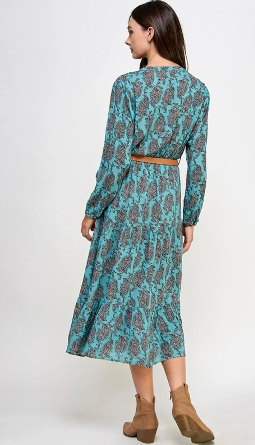 Teal Paisley Print Long Sleeve Tiered Midi Dress w/Brown Belt