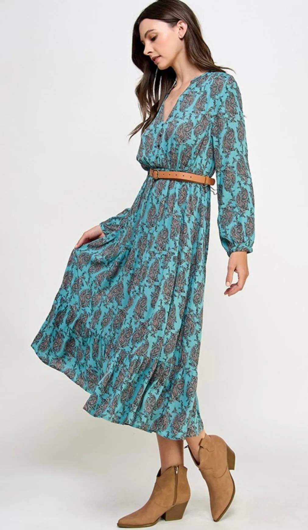 Teal Paisley Print Long Sleeve Tiered Midi Dress w/Brown Belt