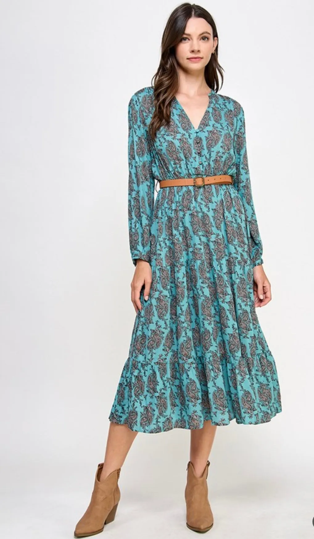 Teal Paisley Print Long Sleeve Tiered Midi Dress w/Brown Belt