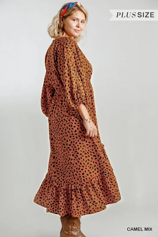 Umgee Dalmation Print Hi Lo Midi Dress - Camel