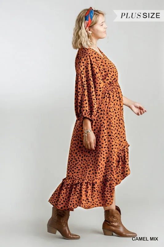 Umgee Dalmation Print Hi Lo Midi Dress - Camel