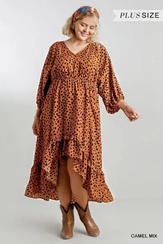 Umgee Dalmation Print Hi Lo Midi Dress - Camel