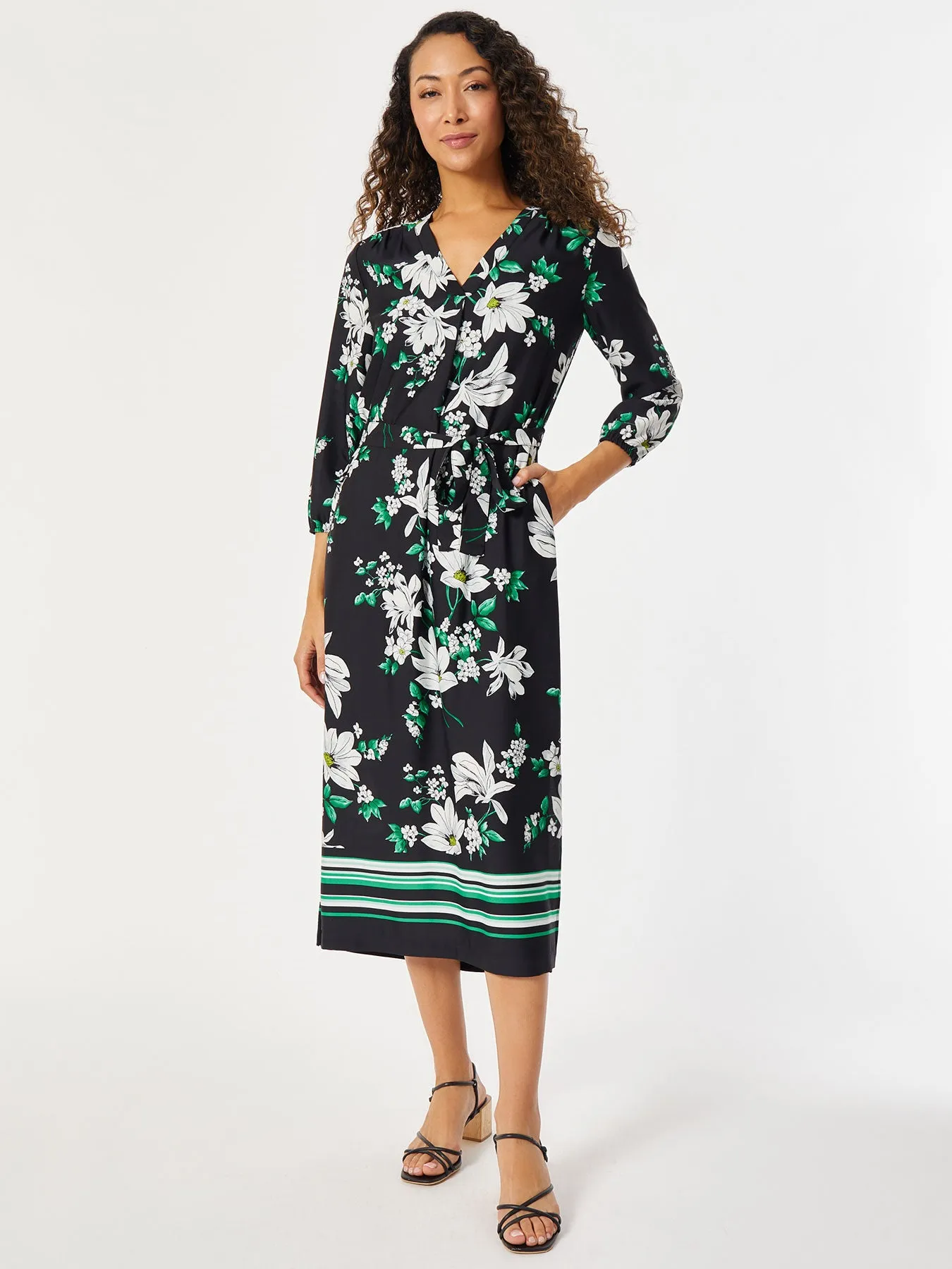 V-Neck Floral Belted Midi Dress