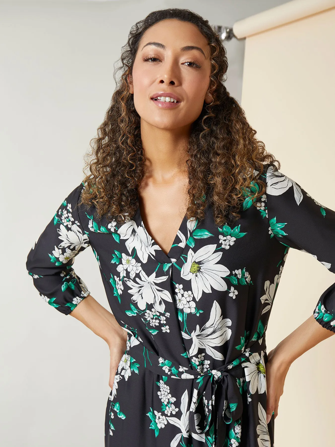 V-Neck Floral Belted Midi Dress