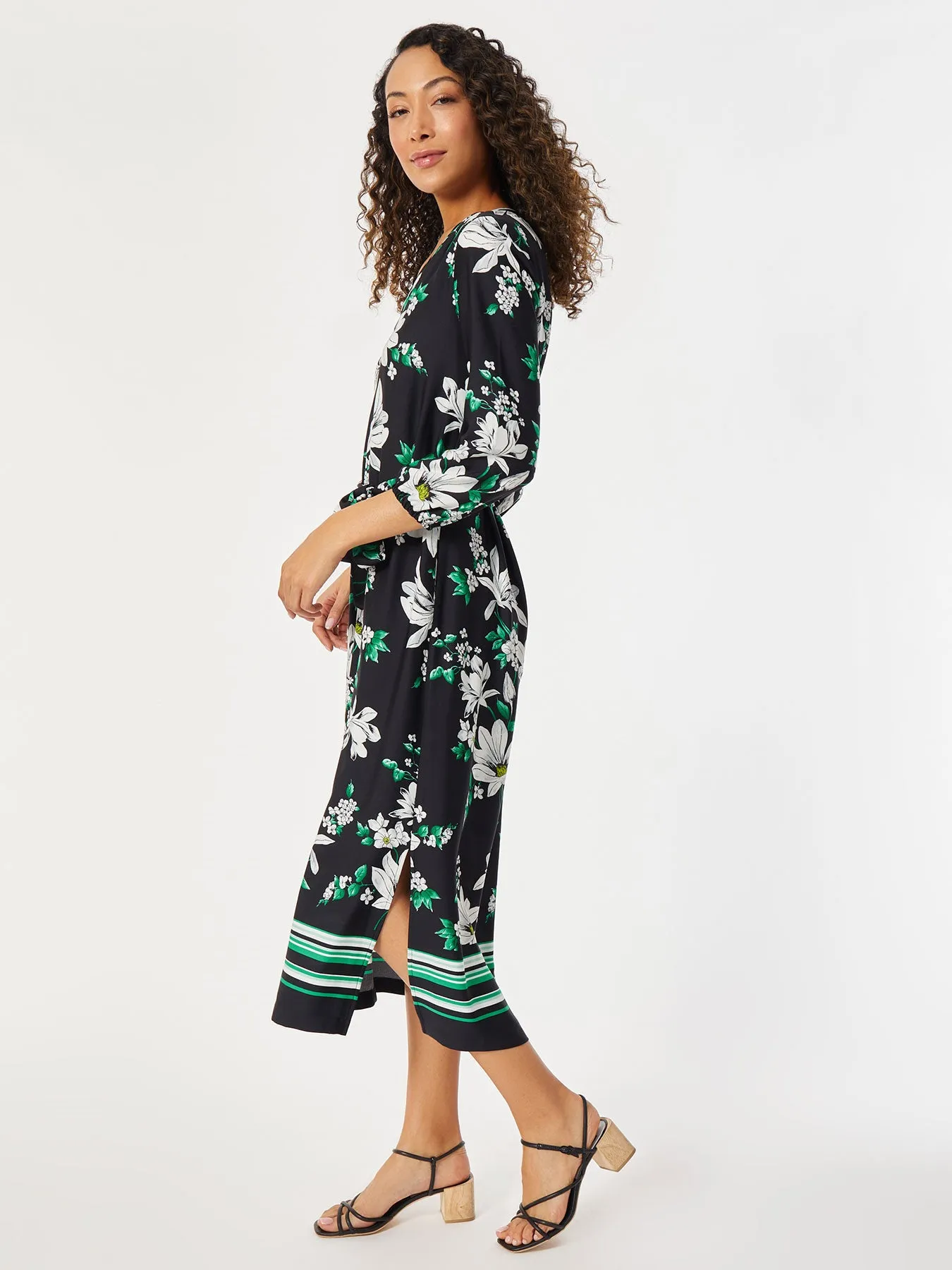 V-Neck Floral Belted Midi Dress