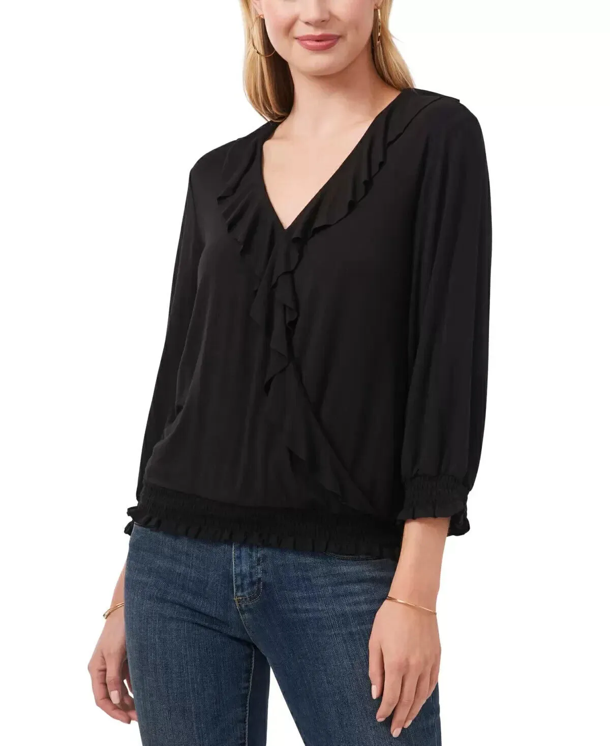 Vince Camuto Ruffled Smocked-Hem Knit Top