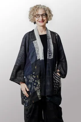 VINTAGE BOTTOM PRINT KANTHA A-LINE JKT - vb2003-blk -