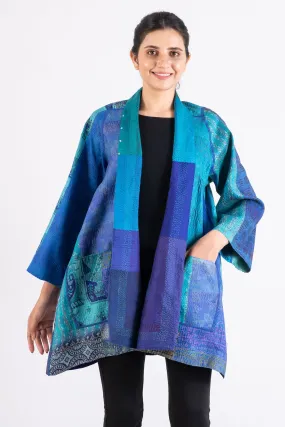 VINTAGE SILK PATCH KANTHA A-LINE JKT - vp2003-blu -