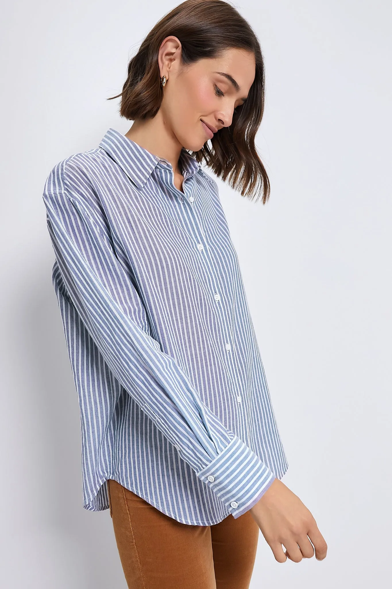 Washed Blue Pointelle Stripe Nadine Boyfriend Button Down