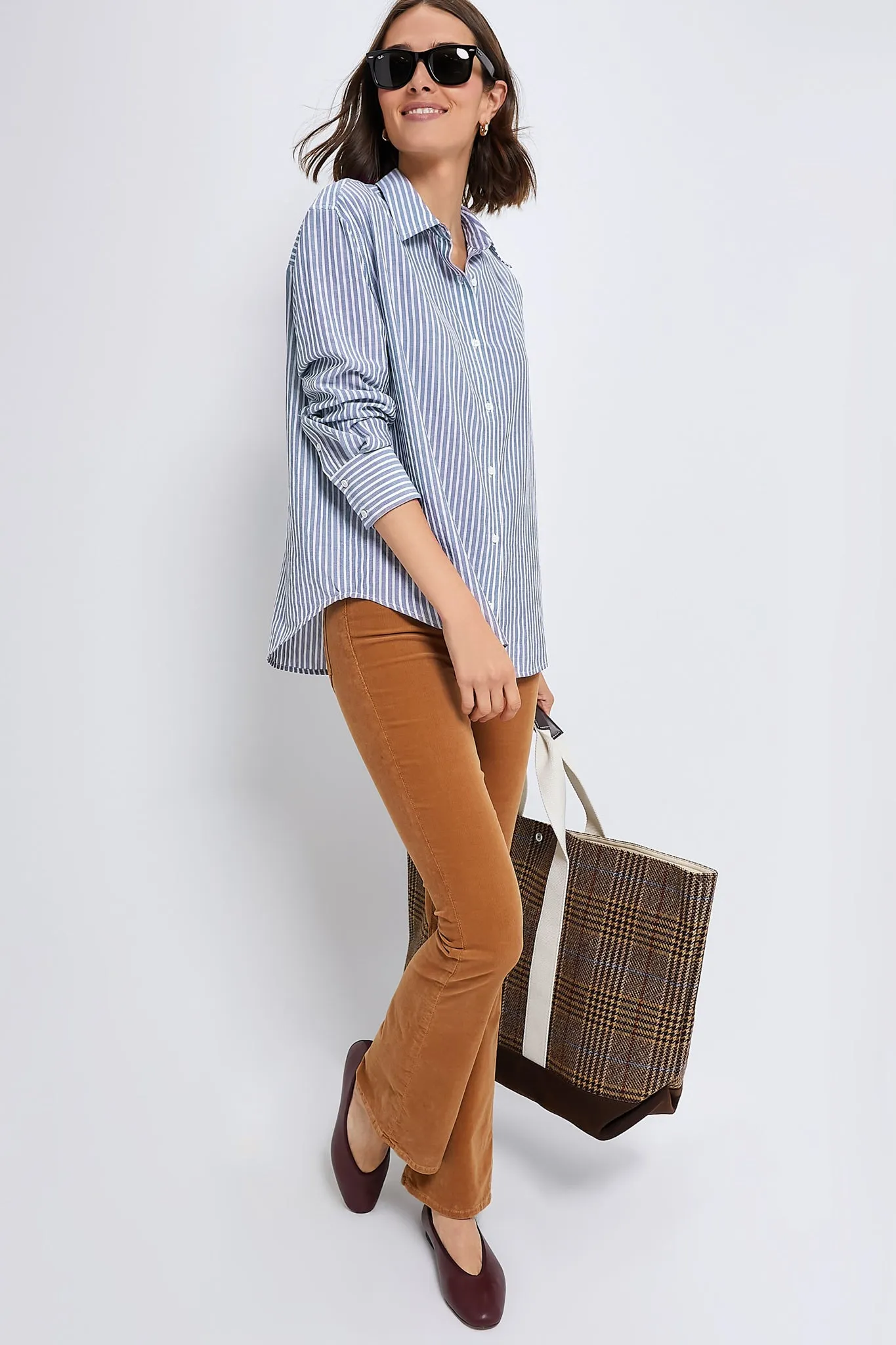 Washed Blue Pointelle Stripe Nadine Boyfriend Button Down