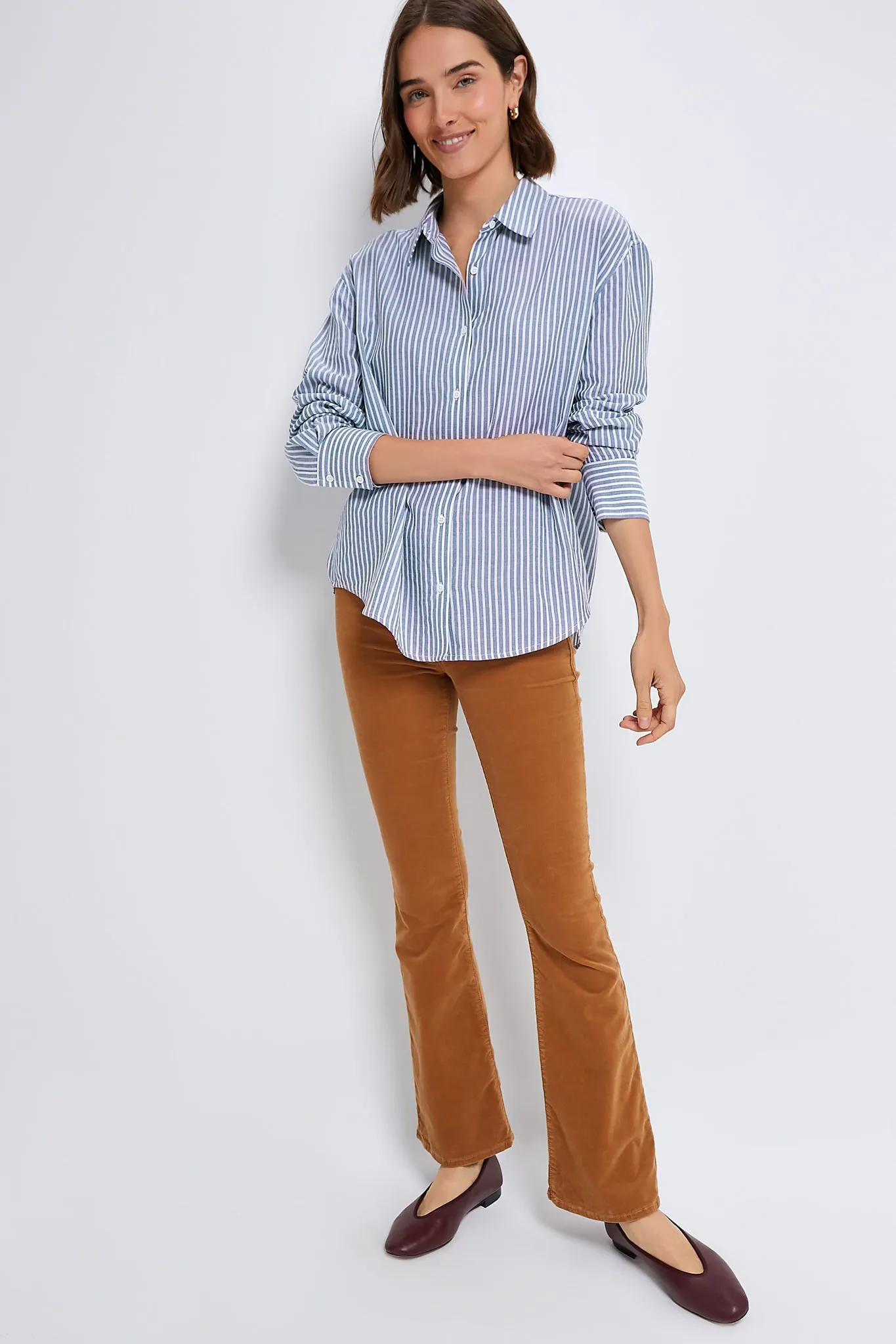 Washed Blue Pointelle Stripe Nadine Boyfriend Button Down