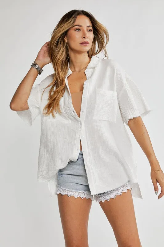 White Button Down Short Sleeve Top - Final Sale