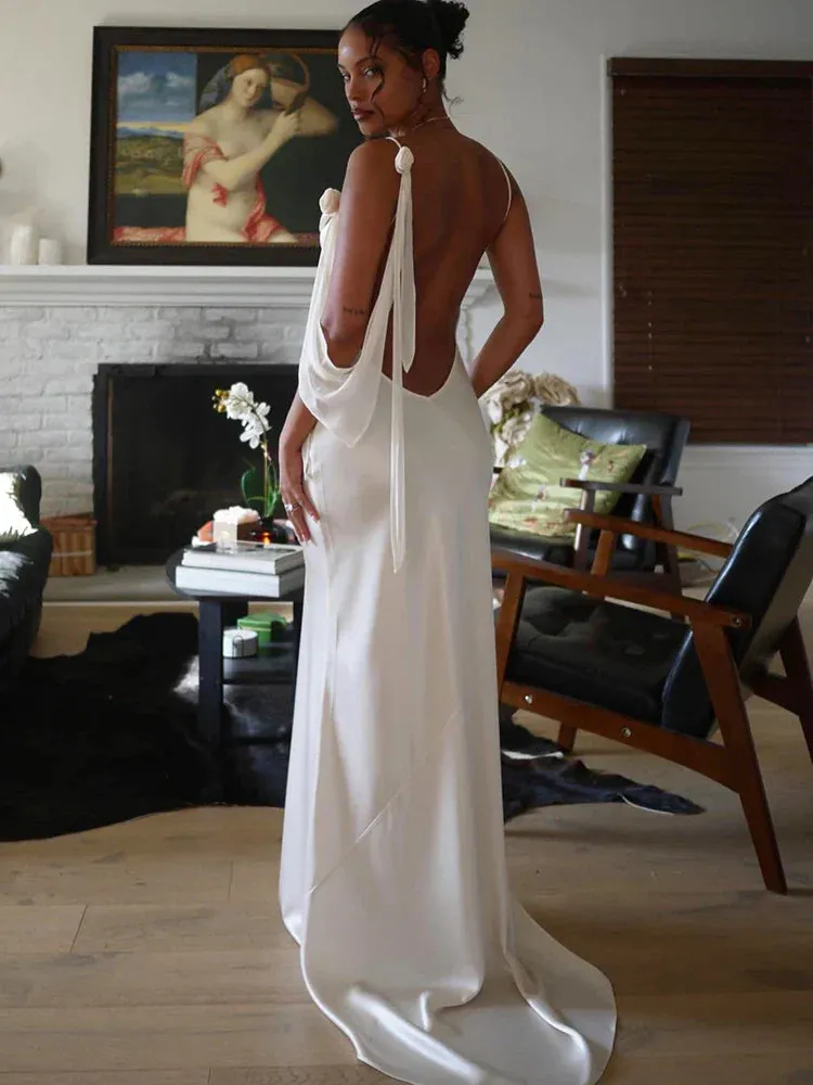 White Satin Backless Long Graceful Sleeve Slit Maxi Dress