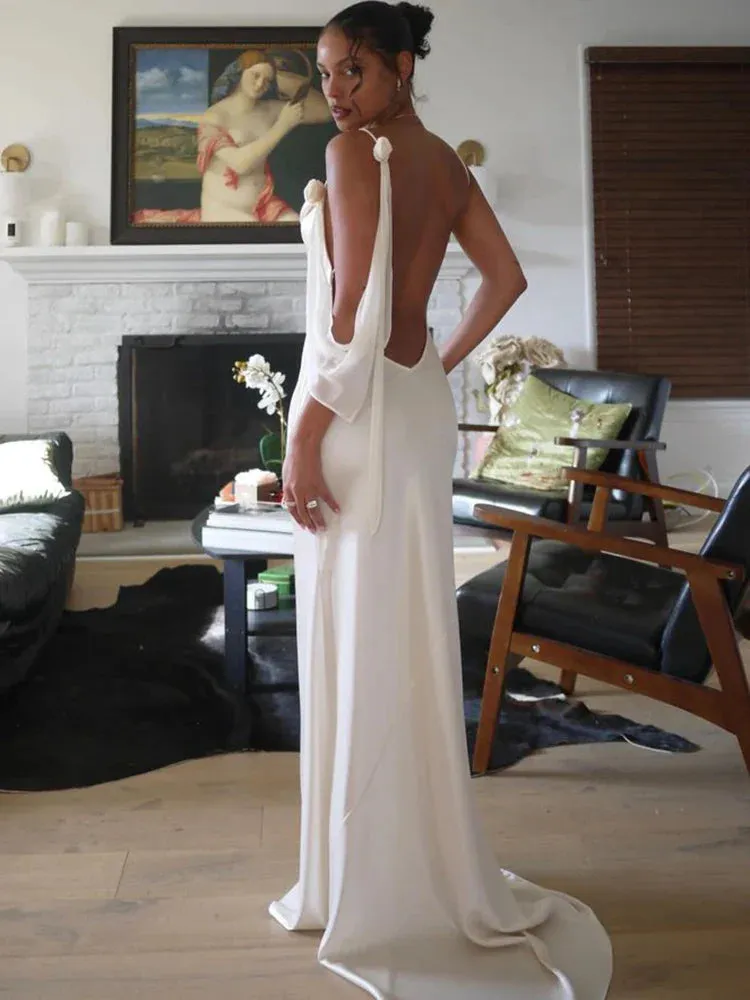 White Satin Backless Long Graceful Sleeve Slit Maxi Dress