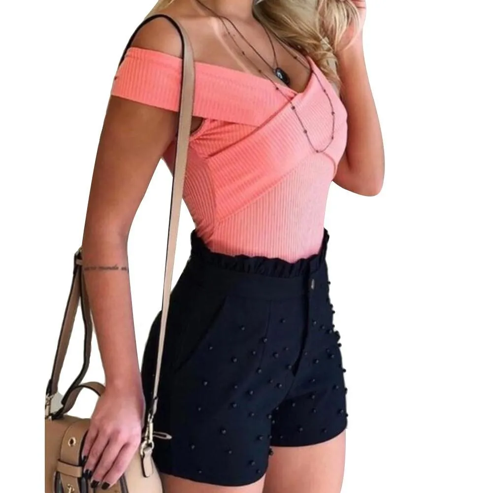 Women High Waist Button Ruffled Beaded Summer Shorts