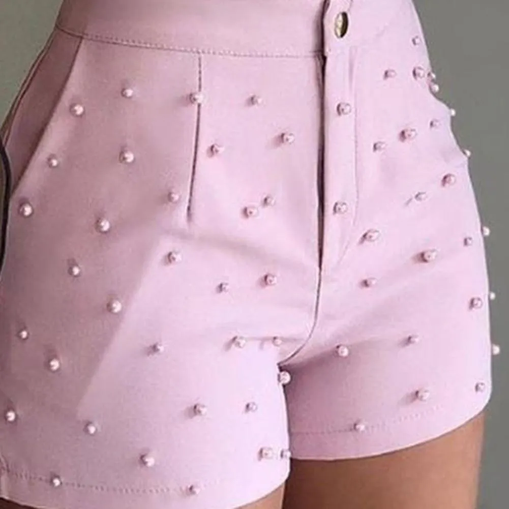 Women High Waist Button Ruffled Beaded Summer Shorts