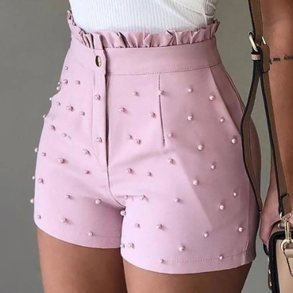 Women High Waist Button Ruffled Beaded Summer Shorts