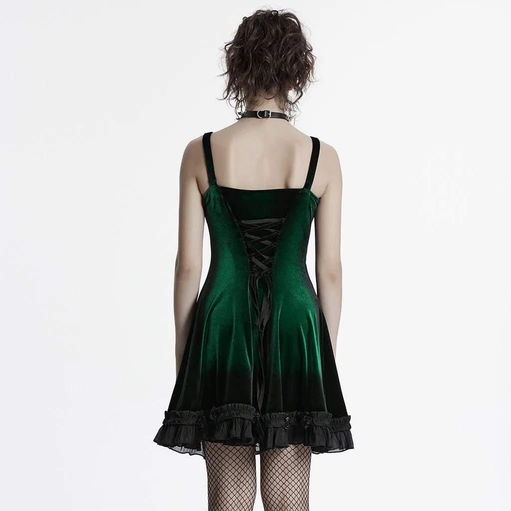 Women's Gothic Ruffled Lace Splice Gradient Velvet Slip Dress Green