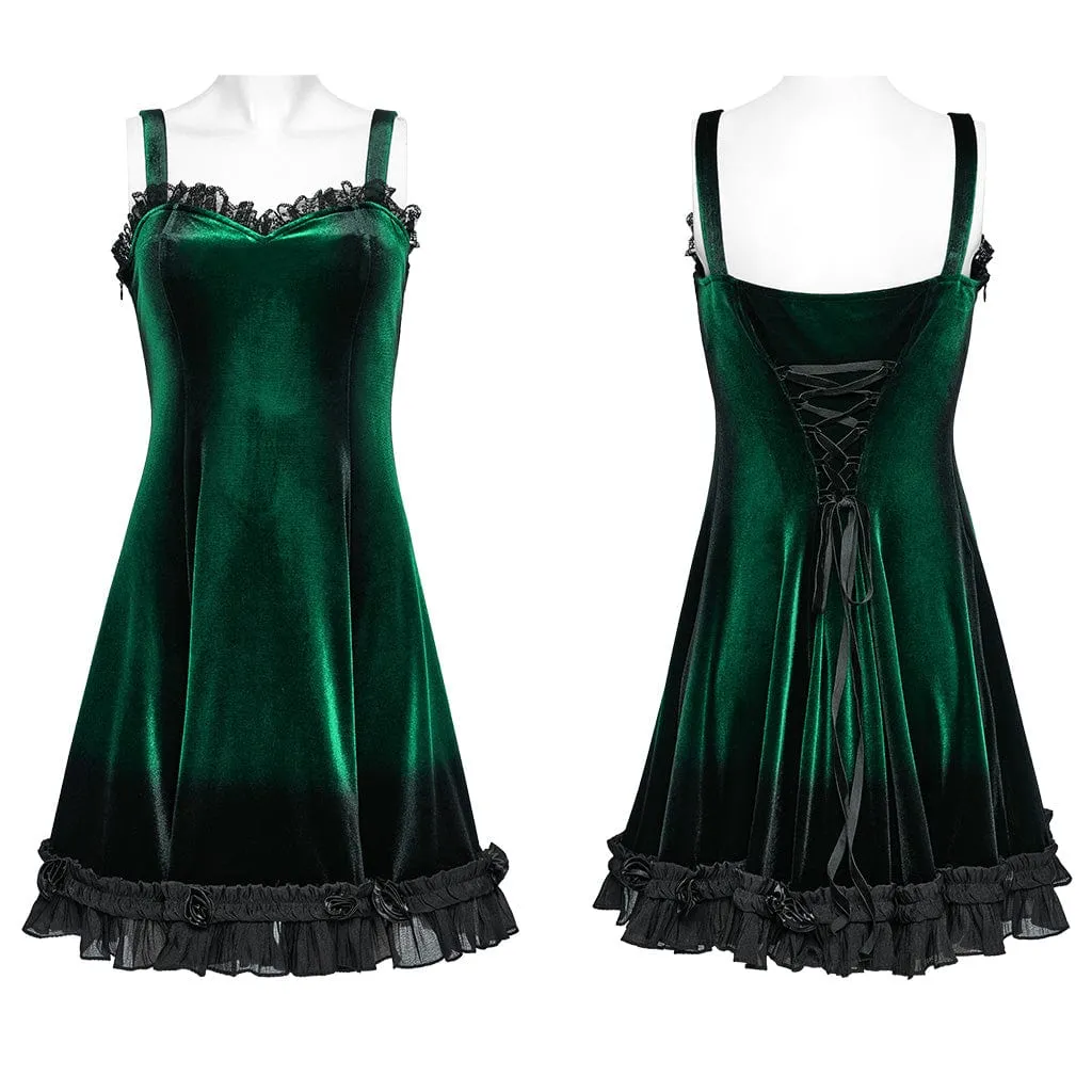 Women's Gothic Ruffled Lace Splice Gradient Velvet Slip Dress Green