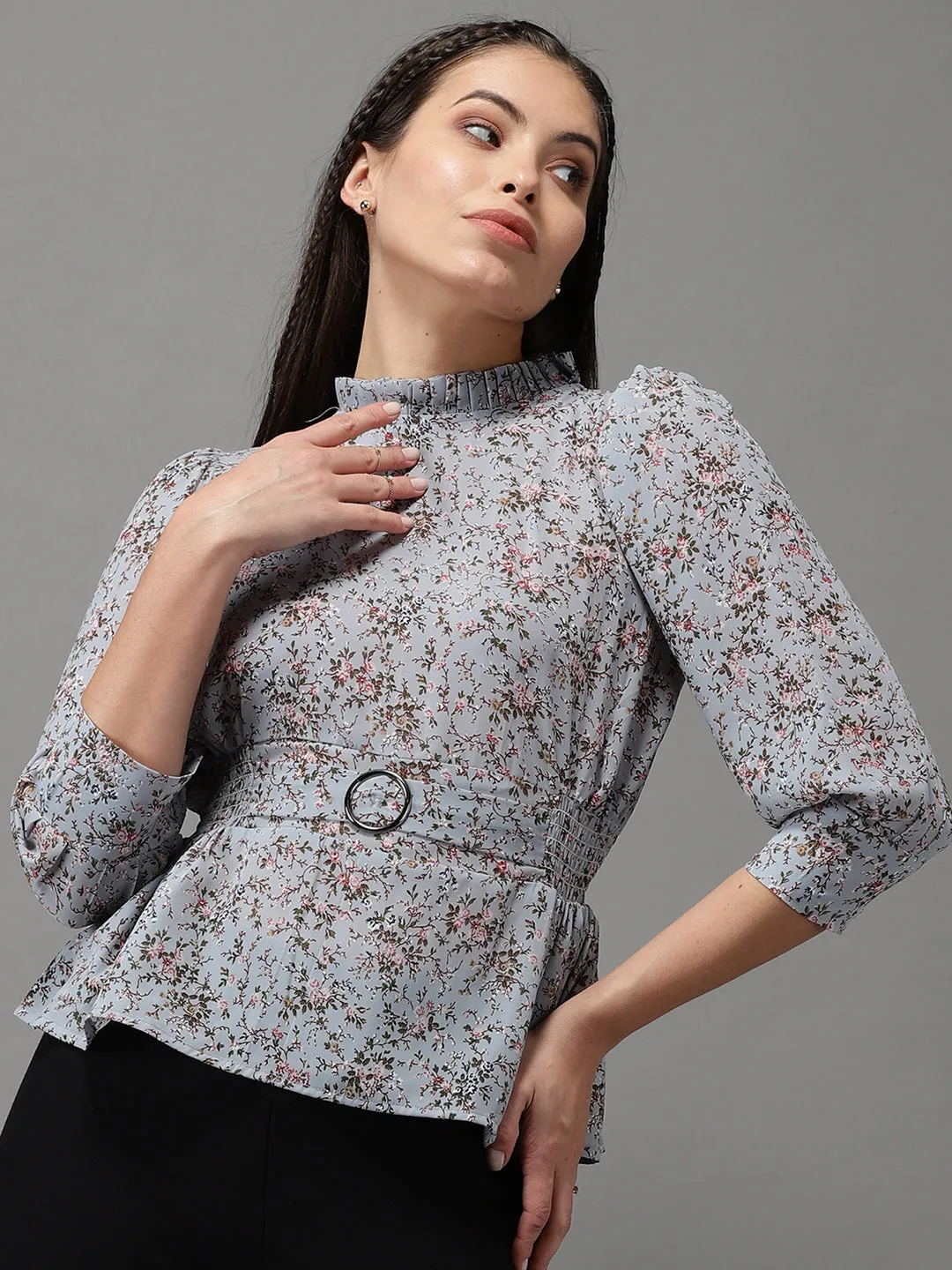 Women's Grey Printed Peplum Top