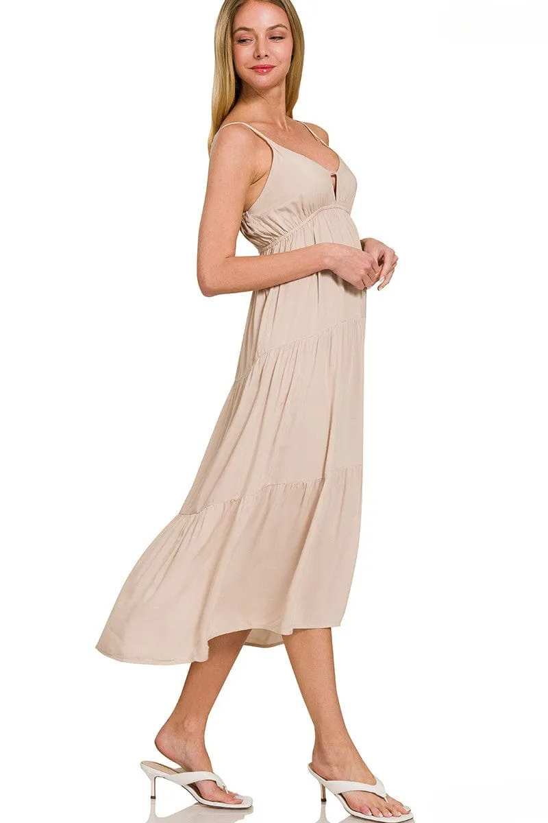 Zenana Woven Sweetheart Neckline Tiered Cami Midi Dress