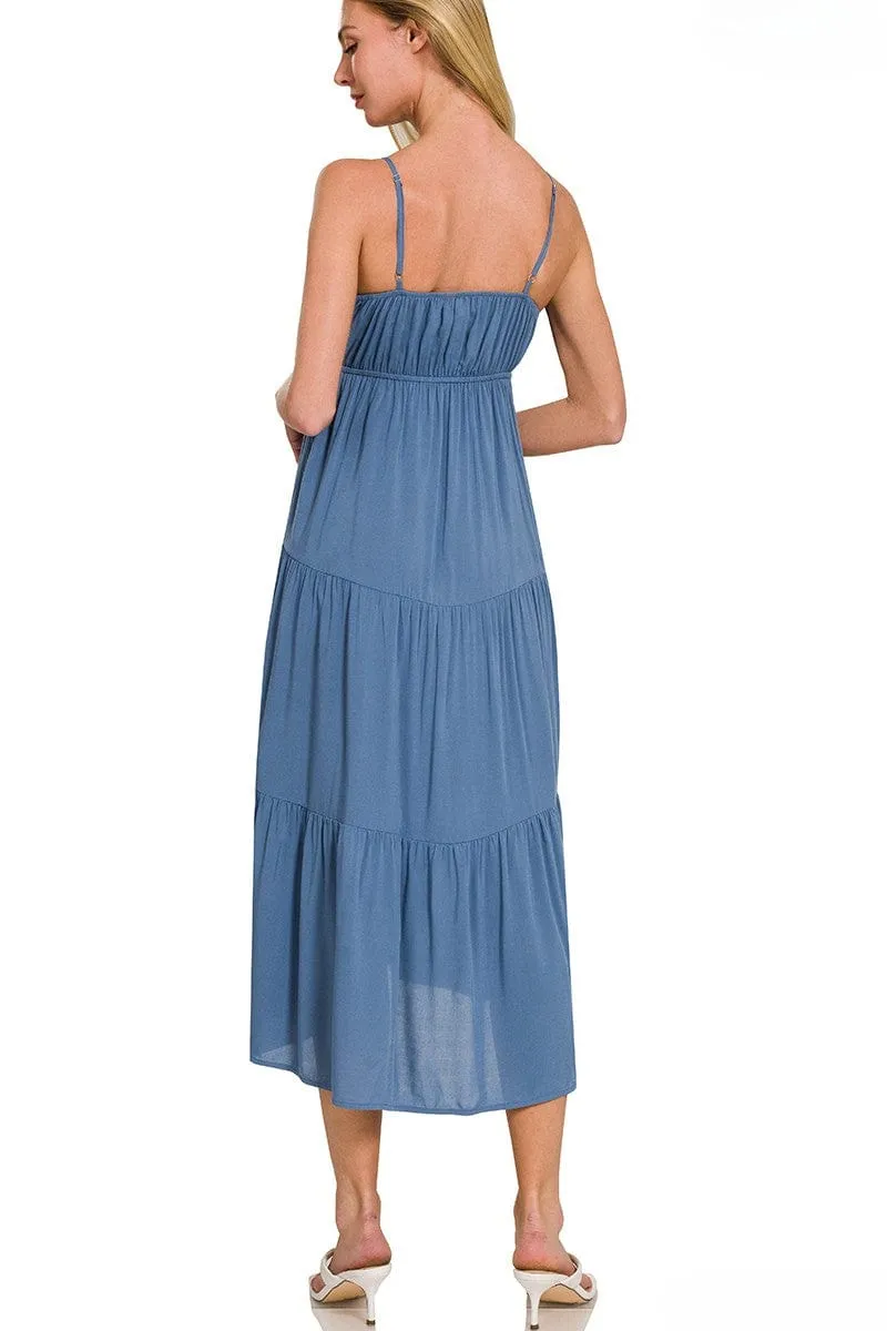 Zenana Woven Sweetheart Neckline Tiered Cami Midi Dress