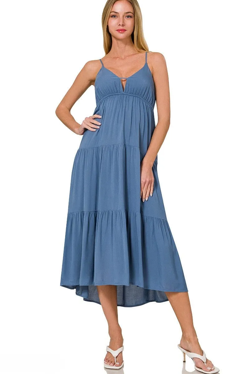 Zenana Woven Sweetheart Neckline Tiered Cami Midi Dress