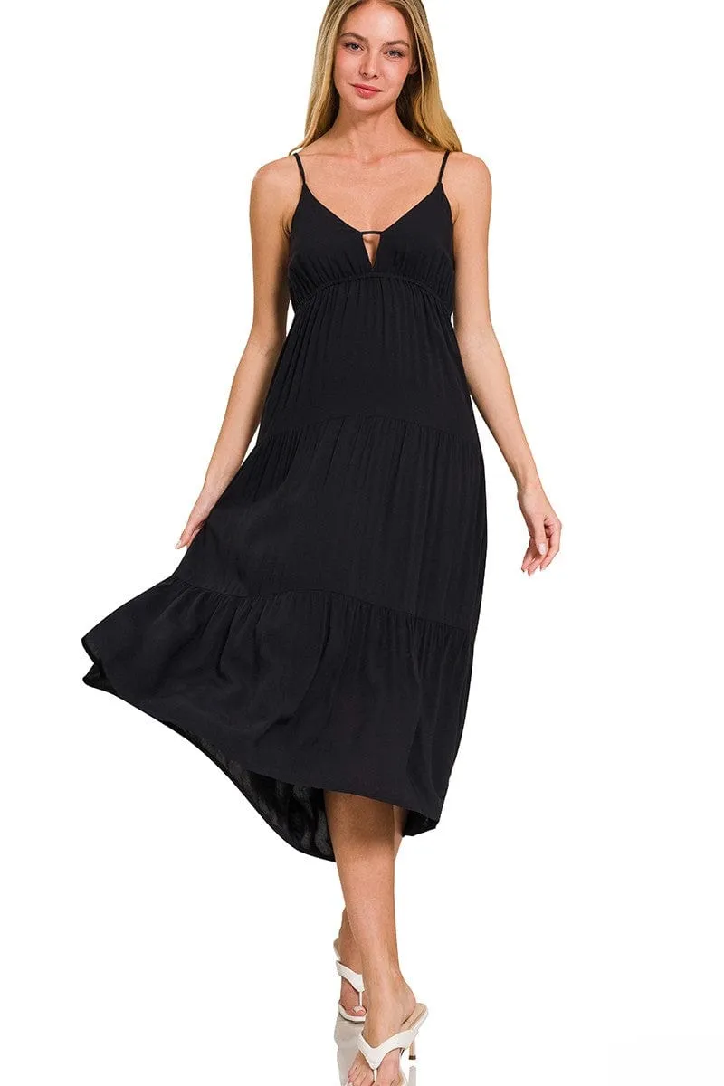 Zenana Woven Sweetheart Neckline Tiered Cami Midi Dress